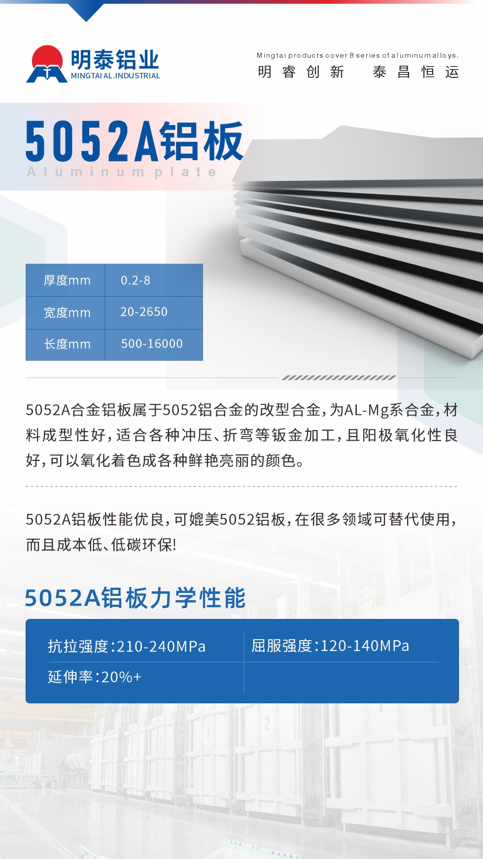 5052A合金鋁板屬于5052鋁合金的改型合金，為AL-Mg系合金，材料成型性好，適合各種沖壓、折彎等鈑金加工，且陽極氧化性良好，可以氧化著色成各種鮮艷亮麗的顏色。5052A鋁板性能優(yōu)良，可媲美5052鋁板，在很多領(lǐng)域可替代使用，而且成本低、低碳環(huán)保!5052A鋁板力學性能抗拉強度：210-240MPa屈服強度：120-140MPa延伸率：20%+